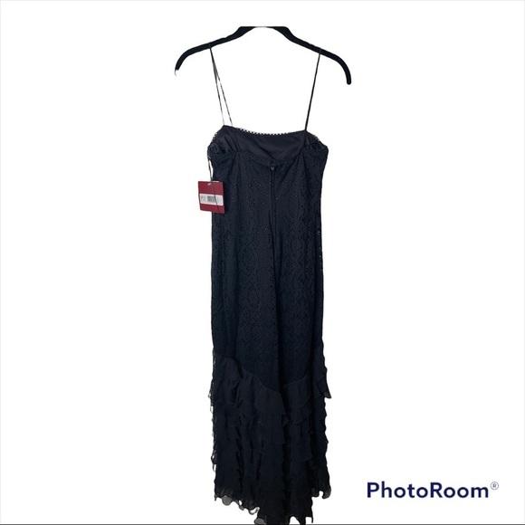 NWT JS COLLECTIONS Black Lace Ruffle Hem Midi Cocktail Dress Size 4 - Picture 2 of 6